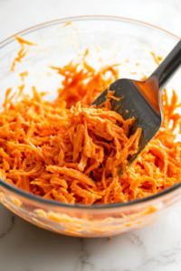 "A spatula gently folding shredded carrots into the carrot cake batter to avoid overmixing."