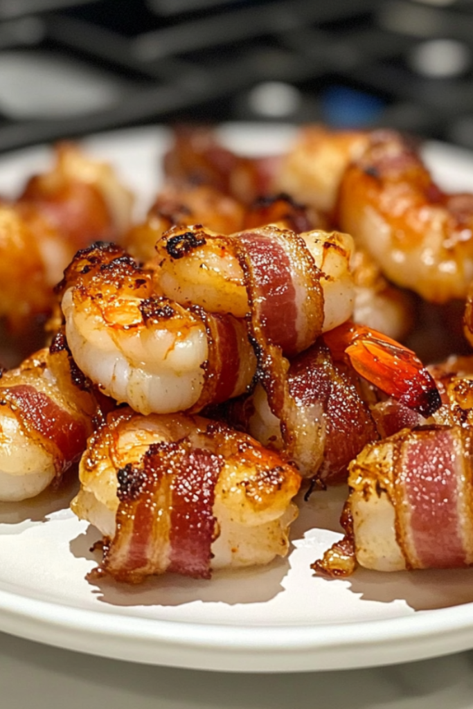 Close-up shot of a plate on the white marble cooktop, holding perfectly golden bacon-wrapped shrimp. A crispy texture is visible on the bacon, and the shrimp tails peek out invitingly.