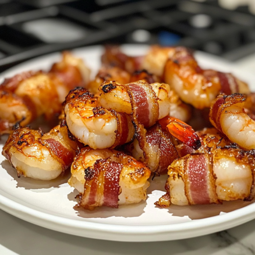 Close-up shot of a plate on the white marble cooktop, holding perfectly golden bacon-wrapped shrimp. A crispy texture is visible on the bacon, and the shrimp tails peek out invitingly.