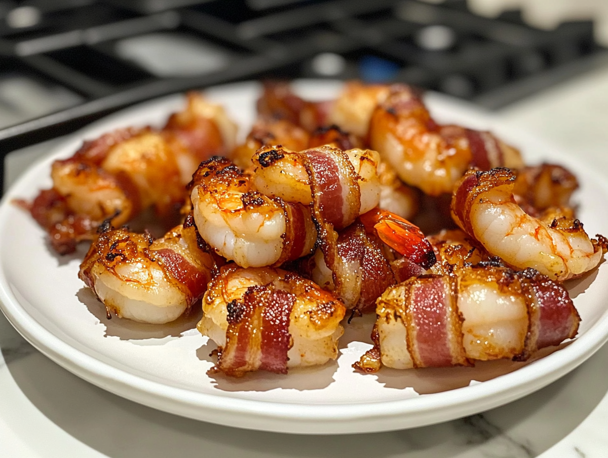 Close-up shot of a plate on the white marble cooktop, holding perfectly golden bacon-wrapped shrimp. A crispy texture is visible on the bacon, and the shrimp tails peek out invitingly.