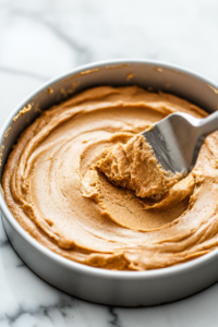Close-up shot of the springform pan, with alternating scoops of plain and pumpkin cheesecake batter being swirled together using a knife for a marbled effect.