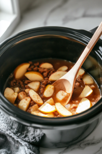 A close-up shot of a black slow cooker on the white marble cooktop, filled with sliced apples, water, packed brown sugar, and warm pumpkin pie spice. A wooden spoon is resting inside, ready to mix the ingredients for a flavorful applesauce.