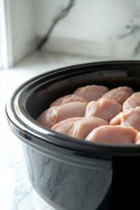Six raw, skinless, boneless chicken breasts neatly arranged at the bottom of a slow cooker, sitting on a white marble cooktop. The fresh, pale pink chicken is evenly spaced, ready for layering.