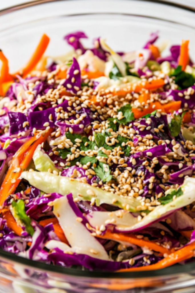 A close-up shot of the finished crunchy Asian slaw served in a white bowl on the white marble cooktop, displaying the vibrant colors and textures of the shredded cabbage, carrots, crispy ramen, and sesame seeds.