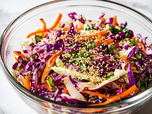 A close-up shot of the finished crunchy Asian slaw served in a white bowl on the white marble cooktop, displaying the vibrant colors and textures of the shredded cabbage, carrots, crispy ramen, and sesame seeds.