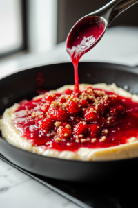 A spoon drizzling a glossy strawberry sauce over the top of the cheesecake.