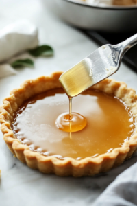 Close-up shot of the pre-baked tart crust on the white marble cooktop, with the golden syrup mixture being poured in, spreading evenly with a spatula. Thin strips of pastry are carefully laid on top in a crisscross pattern to create a lattice design. The tart is ready to be baked in the oven.