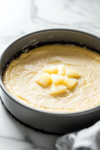 Close-up shot of a large mixing bowl, with softened cream cheese being beaten with brown sugar until creamy, followed by eggs, sour cream, vanilla, and rum being stirred in.