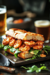 Close-up shot of a Cajun shrimp sandwich made with sub roll bread pressed together on a serving plate, with crispy fried shrimp, lettuce, tomato, and a generous layer of remoulade. The sandwich is ready to be served with hot sauce and a cold beer on the side.