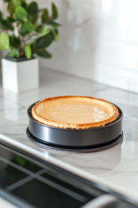 Cheesecake in the springform pan chilling in the refrigerator to set.