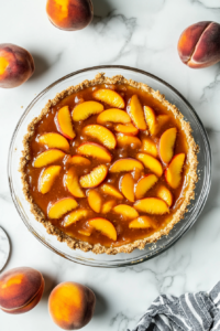 Close-up shot of a fully chilled peach pie, sliced and ready to serve. The glossy peach topping glistens under soft lighting, and a fork rests on the plate beside a slice