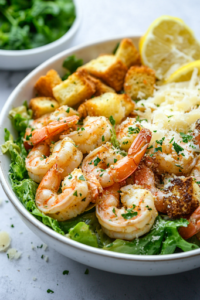 A side view of a rustic ceramic bowl with a beautifully assembled Shrimp Caesar Salad. The fresh romaine lettuce is drizzled with creamy dressing, topped with shrimp, golden croutons, and shavings of Parmesan cheese.