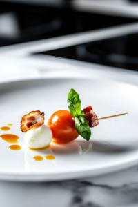 A close-up shot of a toothpick being carefully threaded with a halved grape tomato, a fresh mozzarella ball, a fragrant basil leaf, and a crispy bacon piece, all arranged on a white plate with the white marble cooktop in the background.