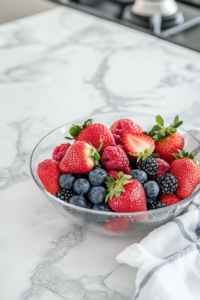 Assorted fresh berries (strawberries, blueberries, raspberries) being washed and dried.