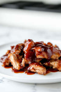 A toasted brioche bun on a white marble cooktop, piled high with juicy, saucy BBQ pulled chicken. A drizzle of extra barbecue sauce glistens on top, making for a mouthwatering sandwich, ready to be enjoyed.