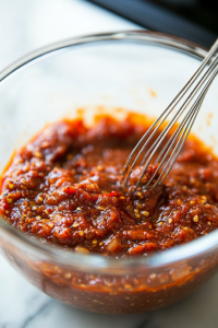 A glass mixing bowl on a white marble cooktop, filled with thick barbecue sauce, distilled white vinegar, brown sugar, garlic powder, and red pepper flakes. A whisk stirs the glossy, deep red sauce, ensuring a smooth and well-blended mixture.