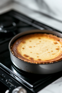 Close-up shot of the cheesecake pan wrapped in aluminum foil, sitting in a roasting pan filled with water, ensuring a gentle and even bake