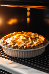 The pie on a baking tray inside a glowing oven, with the crust beginning to brown at 350°F. The oven door is slightly ajar, showcasing the golden crust.