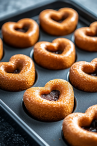 Close-up shot of a piping bag filled with chocolate dough, neatly filling each cup of a doughnut pan about halfway.