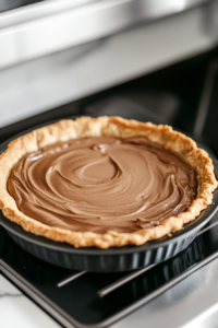 Close-up shot of the 10-inch black pie pan on the white marble cooktop, filled with smooth brownie batter spread evenly over the pre-baked crust. The pan is being placed into the preheated oven.