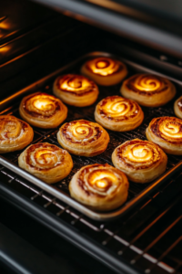 Golden brown crescent roll danishes fresh out of the oven, with the cream cheese filling set in the center
