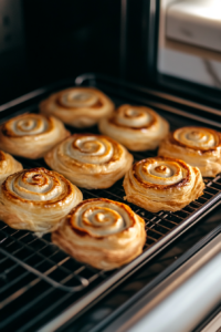 Golden-brown strawberry puff pastry rolls fresh out of the oven, sitting in a parchment-lined baking dish.