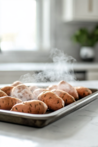 A rustic kitchen scene with whole sweet potatoes on a baking sheet, freshly roasted with steam rising. A fork rests beside them, ready to pierce the soft skin.