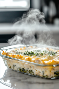 The baked cheesy chicken broccoli casserole rests on the white marble cooktop, golden and bubbly. Steam rises from the dish, and a sprinkle of fresh herbs adds a pop of color, making it look even more appetizing.
