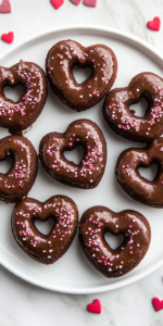 Close-up shot of doughnuts being dipped into glossy chocolate ganache and sprinkled with colorful sprinkles, ready to be enjoyed