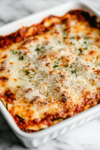A freshly baked keto eggplant lasagna in a white ceramic baking dish on a white marble cooktop. The top is covered with bubbling, golden-brown mozzarella and Parmesan cheese, resting for 10 minutes before slicing.