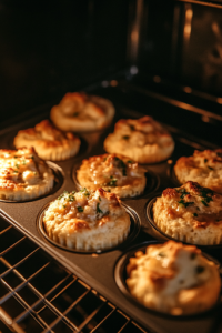 The muffin tin sits inside an oven set to 375°F. The biscuit dough is rising and turning golden brown, while the creamy filling is bubbling slightly at the edges, indicating they are almost ready to be served.