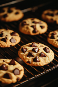 A close-up shot of the cookies baking inside the oven, their edges turning golden brown. The warm glow of the oven light highlights the slightly puffed and crispy texture of the cookies as they bake to perfection.