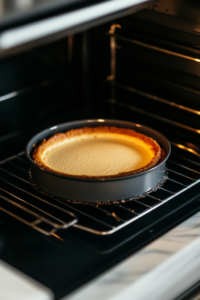 The layered carrot cake cheesecake baking in the oven, with edges set and the center slightly jiggly."
