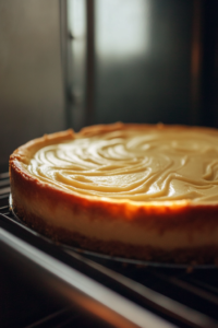 Close-up shot of the cheesecake baking in the oven, with the edges set and the center slightly wobbly, indicating it's almost done