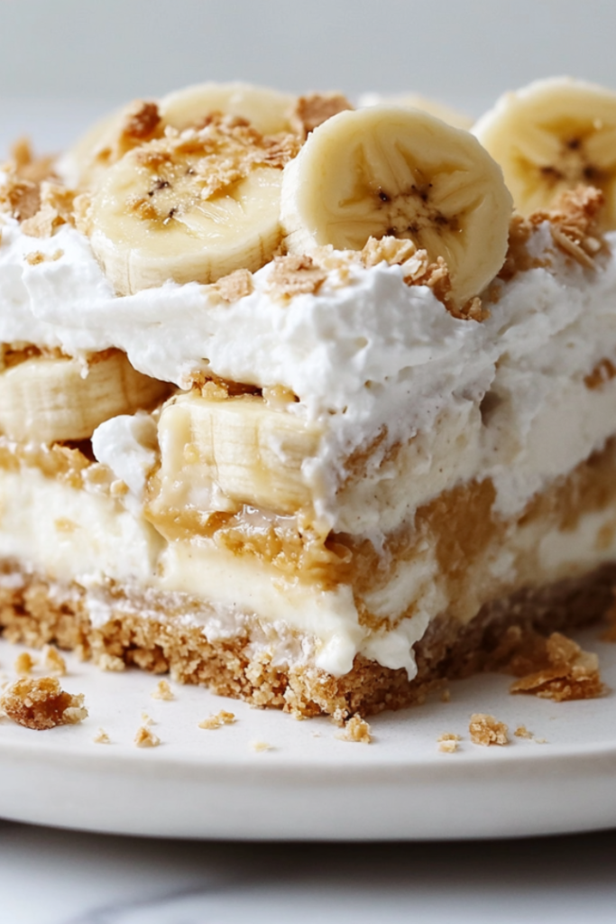 A beautifully sliced piece of banana cream pie on a plate, topped with coconut whipped cream and fresh banana slices. A fork rests beside it, ready for a bite.