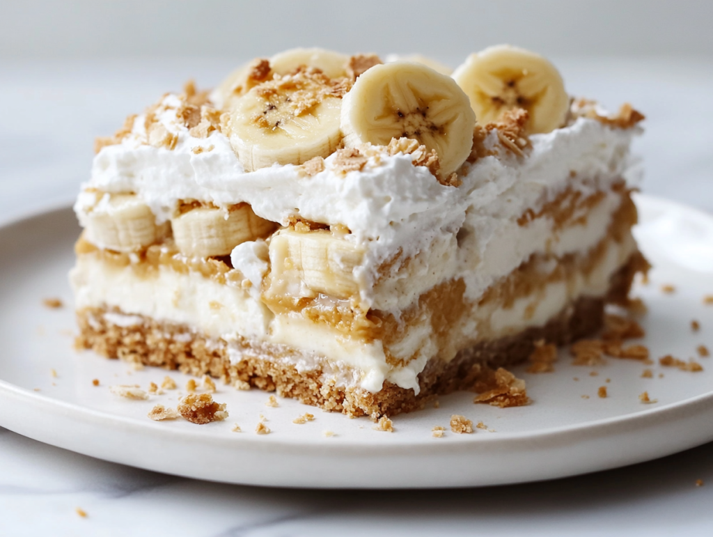 A beautifully sliced piece of banana cream pie on a plate, topped with coconut whipped cream and fresh banana slices. A fork rests beside it, ready for a bite.