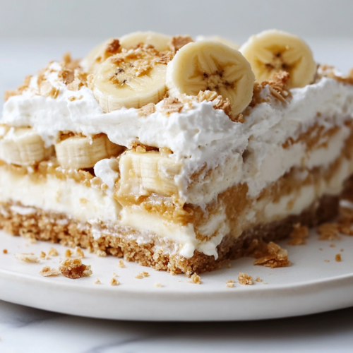 A beautifully sliced piece of banana cream pie on a plate, topped with coconut whipped cream and fresh banana slices. A fork rests beside it, ready for a bite.