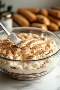 Close-up shot of ladyfingers being dipped into the Kahlua mixture and carefully arranged in the bottom of the cooled crust. The mascarpone mixture is then spread evenly over the ladyfingers.