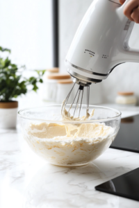 "A hand mixer beating cream cheese in a bowl for 1 minute until creamy."