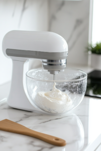 Close-up shot of a large mixing bowl, where softened cream cheese is being beaten with sugar until light and fluffy