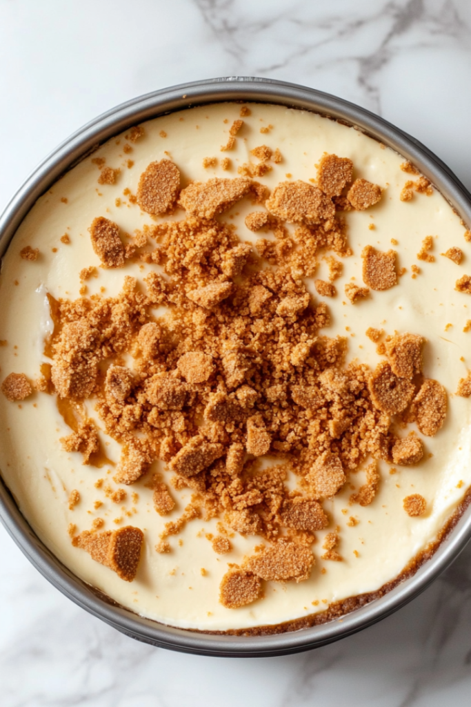A fully set Biscoff cheesecake on a serving plate, topped with a glossy Biscoff layer and crushed biscuit edges, ready to be sliced and served.