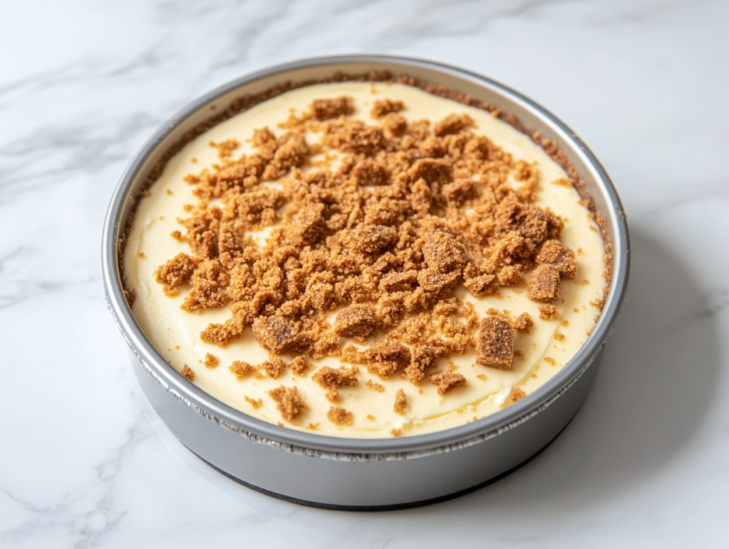 A fully set Biscoff cheesecake on a serving plate, topped with a glossy Biscoff layer and crushed biscuit edges, ready to be sliced and served.