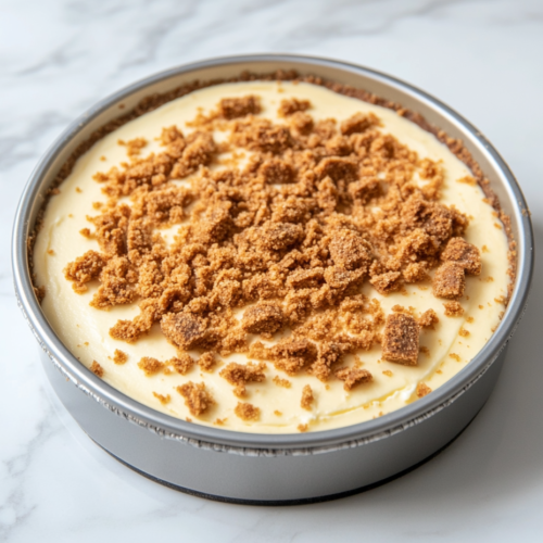 A fully set Biscoff cheesecake on a serving plate, topped with a glossy Biscoff layer and crushed biscuit edges, ready to be sliced and served.