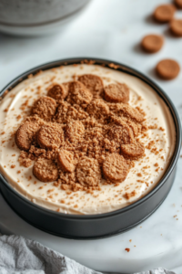 A fully set Biscoff cheesecake on a serving plate, topped with a glossy Biscoff layer and crushed biscuit edges, ready to be sliced and served.