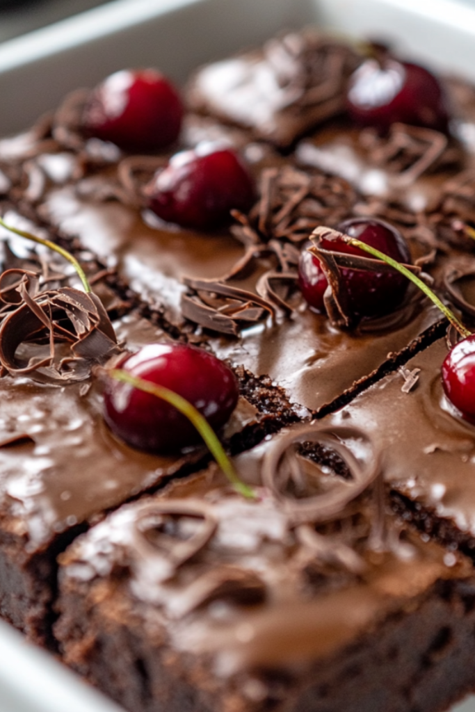 Close-up shot of freshly baked brownies cooling in the tray on the white marble cooktop. Melted dark chocolate is being drizzled over the top, and delicate chocolate curls are sprinkled for decoration.