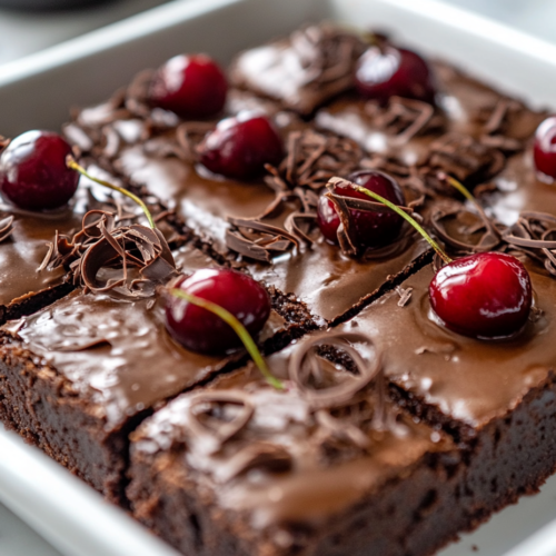 Close-up shot of freshly baked brownies cooling in the tray on the white marble cooktop. Melted dark chocolate is being drizzled over the top, and delicate chocolate curls are sprinkled for decoration.