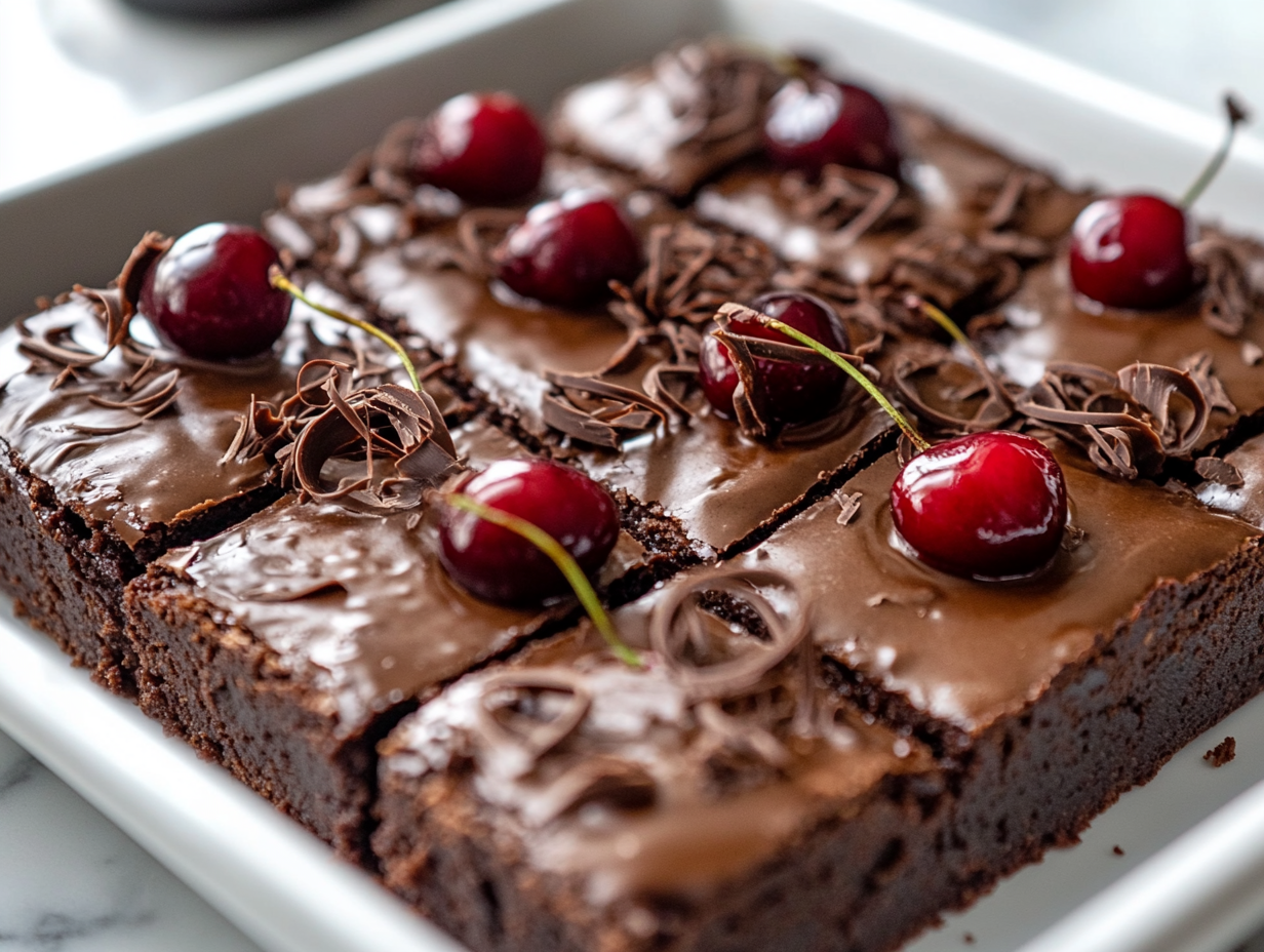 Close-up shot of freshly baked brownies cooling in the tray on the white marble cooktop. Melted dark chocolate is being drizzled over the top, and delicate chocolate curls are sprinkled for decoration.