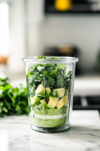 A close-up of a glass blender jar on a white marble cooktop, packed with ripe avocado, almond milk Greek yogurt, fresh cilantro, lime juice, and seasonings. A hand hovers over the blend button, ready to create a smooth and creamy dressing.