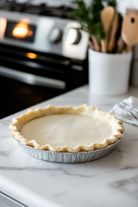 Close-up shot of a floured white marble cooktop with a rolled-out pastry dough being carefully placed into a 9-inch tart tin. A fork is used to prick small holes into the base, and parchment paper with baking beans is laid on top, ready for blind baking. The oven light glows in the background.