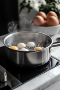 A close-up of a stainless steel saucepan on a white marble cooktop, filled with boiling water where eggs are cooking. Steam rises as bubbles dance around the eggs, while a slotted spoon rests beside the pan, ready for lifting them out.